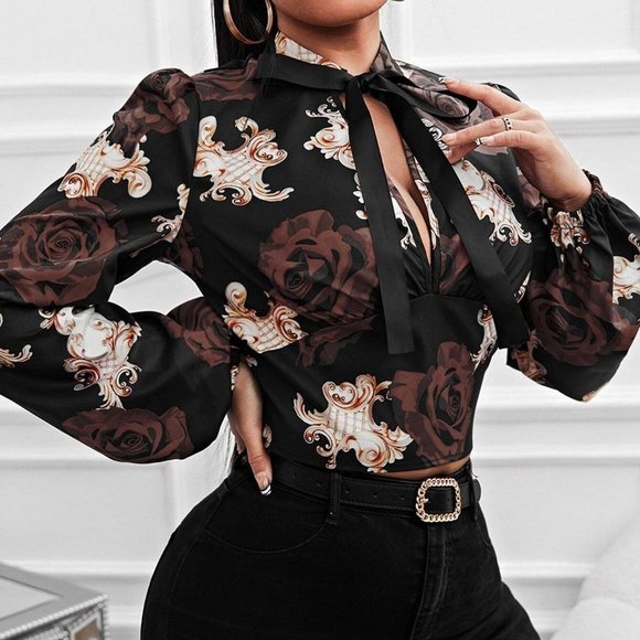 MODA ME COUTURE Tops - FloralLantern Sleeve Tie Neck Blouse